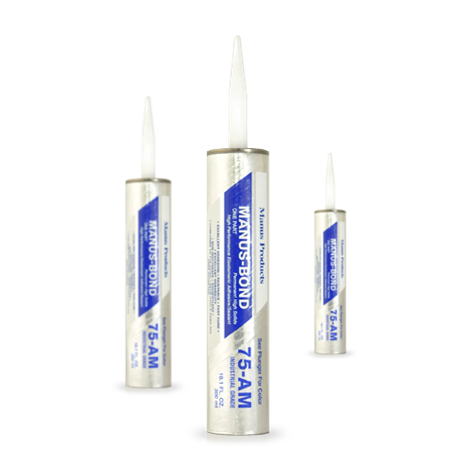 Three containers of Manus-Bond 75-AM High Green Strength on a white background, showcasing the adhesive's key features for transportation applications.